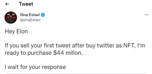 پیشنهاد 44 میلیون دلاری برای خرید اولین توییت ایلان ماسک