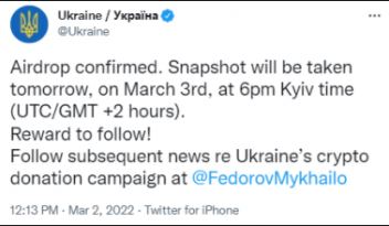 توییت دولت اوکراین برای استفاده از ایردراپ به منظور کمک رسانی به مردم جنگ زده