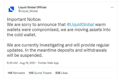 توئیت صرافی لیکوئید liquid+اعلام خبر هک چند کیف پول‌ ارز دیجیتال آنلاین