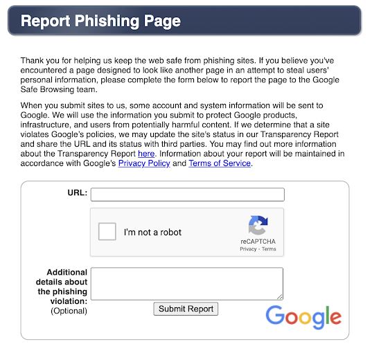 گزارش کلاه برداری و فیشینگ به گوگل